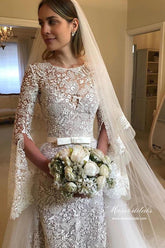 A-line Long Sleeves Floral Lace Wedding Dresses With Detachable Train